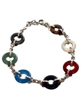 GSJ 925 Sterling Silver fluer de lis design Bracelet w/multi stones. Pre owned